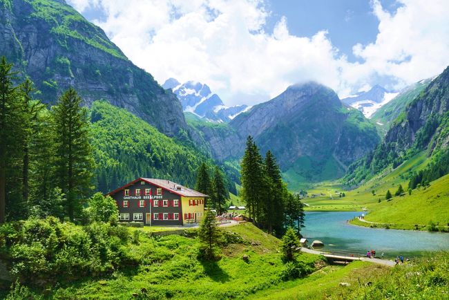 今年のスイスの旅のきっかけとなった美しい景色は、アッペンツェルにあるエーベンアルプ山を下ったところにある『ゼーアルプ湖』の湖畔のものでした。<br /><br />この景色が見たいで始まった旅。調べてみると、アッペンツェル鉄道でヴァッサーラウエン駅(Wasserrauen)まで行き、そこからロープウェイでエーベンアルプ山頂まで上がれることがわかりました。<br /><br />山頂からは、2時間ほどかけ自力で山を下ります。途中にある、世界的に有名な崖っぷちに立つレストラン『ガストハウス・エッシャー(Berggasthaus Aescher-Wildkirchli）に立ち寄るのも楽しみでした。<br /><br />いよいよスイスの旅が始まり、この日を迎えました。アッペンツェルの観光案内所で、このルートは山歩きに慣れた人向けだと知らされました。浮かれた気持ちではなく慎重に山歩きをすることを決め、その景色に会いに行くことになりました。