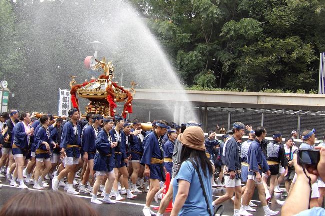 　富岡八幡宮の例祭は8月15日を中心に行われる。俗に「深川八幡祭り」とも呼ばれ、赤坂の日枝神社の山王祭、神田明神の神田祭とともに「江戸三大祭」の一つに数えられている。3年に1度、八幡宮の御鳳輦が渡御を行う年は本祭りと呼ばれ、各町内から54基の大神輿が勢揃いして連合渡御する様は「深川八幡祭り」ならではのものです。また、深川八幡祭りは、沿道の観衆から担ぎ手に清めの水が浴びせられ、「水掛け祭」の別名がある。担ぎ手と観衆が一体となって盛り上がるのが特徴で、江戸の粋を今に伝えるお祭りとして、多くの人々によって大切に受け継がれている。<br />　狭い資料館通りから清澄通りの大通りに出ると、消防団員がホースを持って待ち構えている。神輿とその担ぎ手はお清めの水を掛けられ、直ぐに右折して清澄橋通りを渡御し、隅田川を渡って行く。ここから永代橋を渡って帰ってくるまでが一番盛り上がると聞いたが、さすがに歩き疲れたので富岡八幡宮に寄って帰宅することにした。<br />　（表紙写真は神輿渡御）