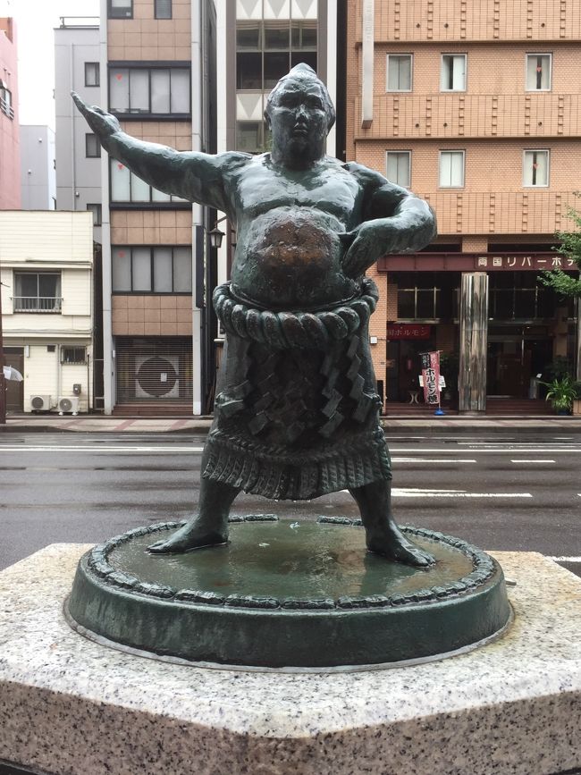 8月の東京の連日雨という天気は40年ぶりだそう。<br />今日はしとしとと降ったり止んだり。<br /><br />両国は東京都墨田区、隅田川の東側に位置している。<br />相撲と隅田川の花火大会で有名な街だ。<br />駅前は、国技館、江戸東京博物館、両国江戸NORENと、とても賑やか。<br />私の知っている頃とはすっかり様変わりしていた。<br /><br />・・・昔々、両国は少しだけ「縁」があった。<br />何度となく乗降した駅だ。<br />当時、乗降する客もほとんどいないようなひっそりとした駅だった。<br /><br />両国駅は不思議な駅だった。<br />まず、総武線ホームから改札口に向かう階段以外に、少しこじんまりとした下りの階段があったが、階段の下はいつも閉鎖されていた。<br />どこにつながっているのか、何でいつも閉鎖されているのか不思議だった。<br /><br />そして、少し下方に見える3番線のホーム。<br />そこは全く人気のない長い駅で、電車が入ってきたところを見たことがない。<br />でも大きさなどからいっても、昔利用されていたのだろうと想像できた。<br />ジーっと見ていると、大勢の人たちで賑わっている光景が見えるようで怖かった。<br /><br />それと、駅舎。<br />アーチ形の3つの大きな窓がどこかヨーロッパの雰囲気があって、重厚感のあるおしゃれな駅舎だった。<br />その横に三角屋根の大きな建物というか倉庫が建っていた。<br />記憶では、ミント色のシャッターだったか外壁だったか・・・<br />迫力のある大きなシャッターはいつも閉まっていた。<br />中は何があったのだろう。<br /><br />そして駅前。<br />タクシーも送迎する自家用車もいない。<br />人っ子一人いない広い空間が駅前とは思えない違和感があった。<br />とにかく、時が止まっているかのような不思議な印象の駅だった。<br /><br />それから何十年間、一度たりとも乗降したことがない。<br /><br />（カメラを持っていなかったのですべてiPhoneで撮影）　　　　　　　　　　　　　　　<br />