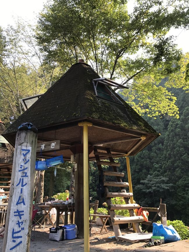  奈良県吉野郡下市町、森林公園やすらぎ村へ、キャンプへ行きました（＾_＾）<br /> 長男がキタロウが住むようなツリーハウスに憧れており、ここのマッシュルームキャビンという施設に前から泊まりたかったのです☆<br /> 今回は初めて、仲良し家族のMさんのところと日にちを合わせてのキャンプとなりました。あちらは子供が3人、全員女の子ですが、終始仲良く充実のキャンプとなりました( ◠‿◠ )
