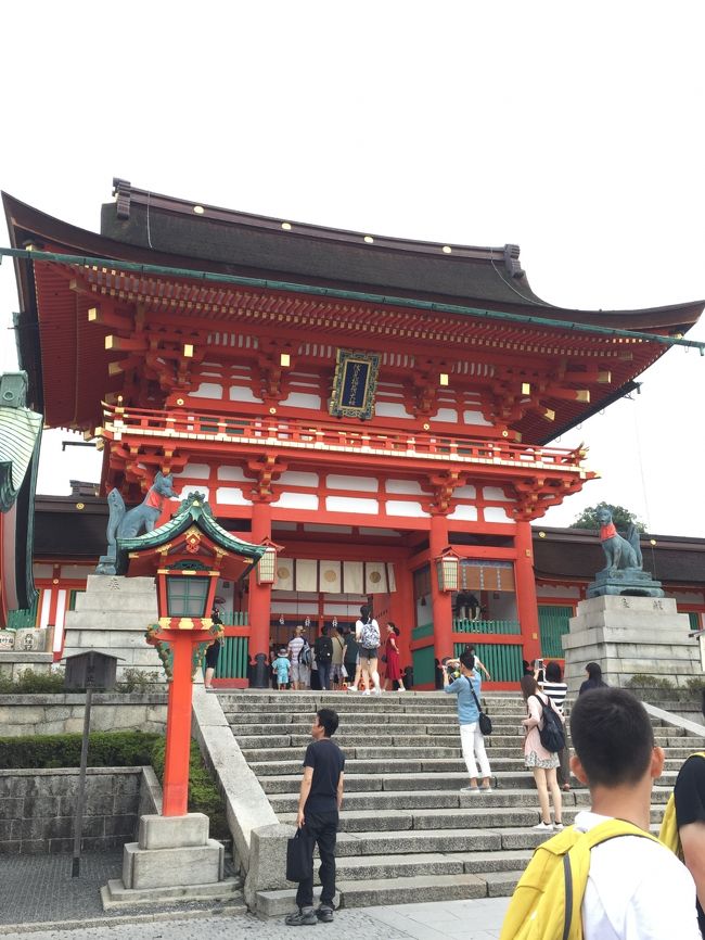 暑い盛りの京都へ行って参りました。<br /><br />お盆と夏休みで人が多い！多い！<br />そして海外からの観光客がびっくりするくらい多かったです。<br /><br />まずはどうしても行きたかった伏見稲荷へgo!<br />朝９時には到着したのですが、すでにこんな感じの混み様でした。<br />