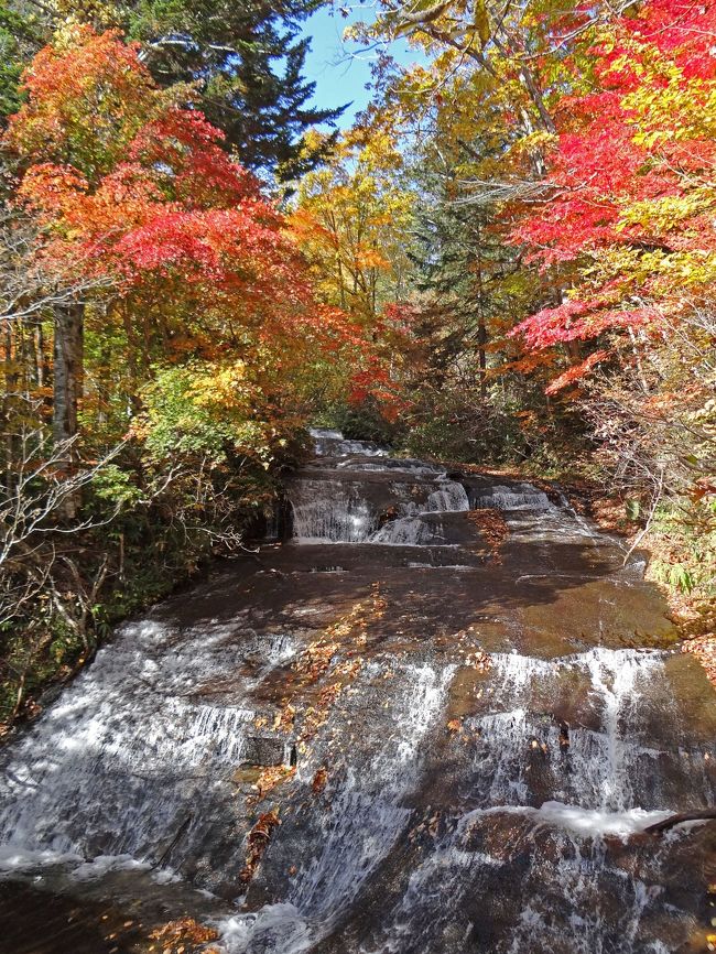 天気が良かったので、札幌からレンタカーで恵庭市西部にある恵庭渓谷の紅葉を見に行ってきました。この渓谷には漁川とその支流であるラルマナイ川が流れ、特にラルマナイ川沿いには美しい三つの滝：白扇の滝、ラルマナイの滝、三段の滝があることで知られています。川沿いには道道117号線（道道恵庭岳公園線）が走っていて、大きくはありませんが駐車場（数十台程度）もあり、恵庭市はもちろん、千歳市、札幌市等からも車で一時間以内とアクセスもいいので、車を使えば気軽に楽しむことができます。