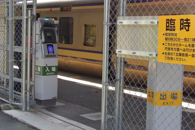 　JR北鎌倉駅の下りホーム沿いに道路があるが、途中に素掘りの隧道（トンネル）がある。この隧道（トンネル）を掘削するということで閉鎖されてしまった。通称北鎌トンネルである。反対運動が起こり、この1年半余り放置されたままだ。そのために雲頂庵や山ノ内八雲神社に行くのに苦労している。観光客で雲頂庵や山ノ内八雲神社に行く人は殆んどいないであろうが、大船高校の生徒さんは北鎌倉第一踏切（当初は山ノ内八雲神社参道の踏切だったのであろうが、駅のホームを伸ばして長くしたために参道から随分と離れた場所に移されている。）を渡っていたのでは不便であろう。そんなことを思っていたら、この隧道（トンネル）方面に向かう男子生徒がいた。「トンネルは通れないよ。」「定期ならホームに入れるのです。」そんなかつての会話を確かめようと行ってみると、確かに下りホームに入る「臨時口」があるではないか。そこにスイカの読み取り機が設置されている。こんなに立派な臨時口だとは思ってはいなかったが、なるほど定期かスイカでないと利用はできない。<br />　1年近く前に聞いたことをようやく確認できて少しほっとした気持ちだ。<br />（表紙写真はJR北鎌倉駅の臨時口）<br />臨時口