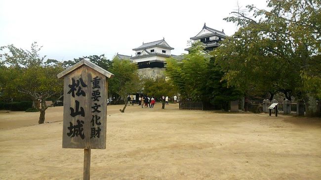 先週、宇奈月温泉に行ったばかりですが→ https://4travel.jp/travelogue/11291236<br /><br />娘が「奇跡的に3連休ゲット!今年の連休はこれで最後。どこか行く?行くの?行かないの?え?え?」と畳み掛けるので、思わず「行く!」・・・。<br />というわけで、2泊3日で愛媛に行ってきました。<br /><br /><br />二日目は、松山城へ行くこと以外決めていない。<br />ずーっと雨が降っていたけど朝起きたら晴れ間が!<br />これなら松山城へはリフトで行けるかも。<br />8時過ぎにホテルをチェックアウトしたら、今日の宿「道後館」へ荷物を預けに行きます。<br />「椿館」から「道後館」までは歩いて2~3分。<br />「道後館」では温泉街と松山の地図を貰うことができました。<br />