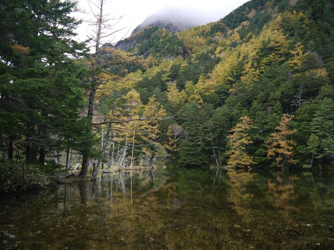 10/21　≪上高地にマイカーでは入れません≫<br />新穂高ロープウェーを出て（１１時頃）<br />あかんだな駐車場からシャトルバスに乗車<br />３０分位で上高地に<br />前に来た時はアルペンルートから松本に入り、新島々からバスに乗った<br />帰りのバス（翌日）に乗るところで貼り紙がしてあり<br />気付いたんですが、乗車券（往復で買った）周遊券のように<br />途中、何度も乗り降り？出来るみたいだ！<br />大正池で下りてまた先まで乗ることができる<br />帰りは帝国ホテルから乗ってのだけど、終点のバスターミナルまでさかのぼり<br />（もし、バスが満員なら？乗れないの不安）<br />乗ることができるらしい<br />お昼はバス停の近くの（ルミエスタホテルへ行くには帝国ホテル前下車<br />帝国ホテル・カジュアルレストラン アルペンローゼ で頂くことに<br />宿泊先の上高地ルミエスタホテルに荷物を預け、トレッキングへ<br />