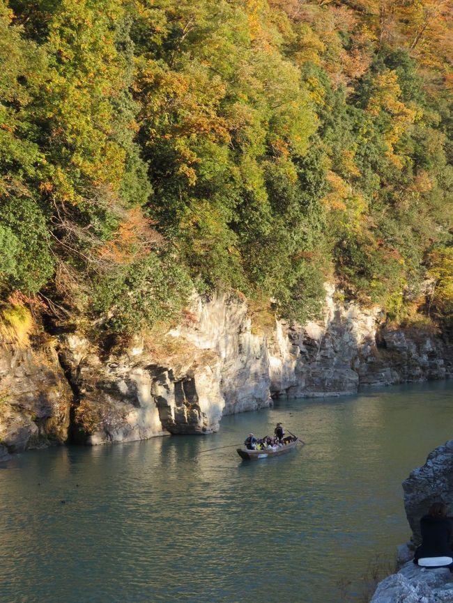 11月12日、午後2時50分頃に宝登山ロープウエイ山麓駅に到着してから、宝登山神社の参道を下って行き長瀞の岩畳へ行った。<br />岩畳へ行く途中に遅めの昼食として有隣倶楽部で蕎麦を食べたかったが、この日はかなりの観光客が訪れていたせいか閉店となっていた。岩畳近くの蕎麦店に入ったが、メインのメニューはほとんどなく、やっと月見蕎麦を食べることが出来た。　その後、岩畳へ下りて行った。　午後3時過ぎであったが長瀞のライン下りの客がかなり並んでいてびっくりした。　約15分ほど岩畳周囲の紅葉風景を撮影して帰宅することにした。<br /><br /><br />*写真は岩畳から見られる長瀞のライン下り