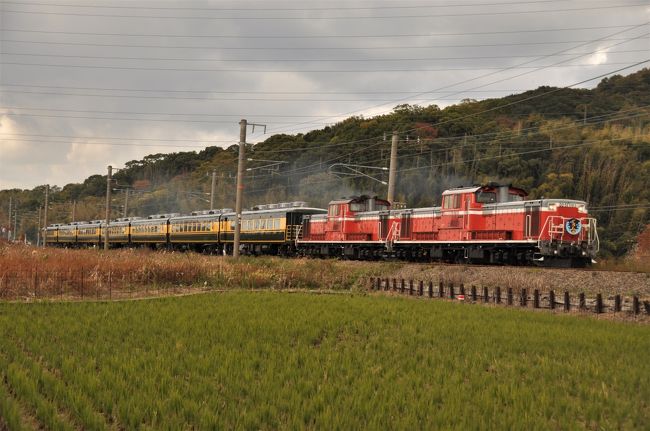 １１月１９日(日)に、サロンカー「なにわ」を<br />使ったサロンカー「くろしお」「はやたま」が<br />和歌山～白浜を走りました。<br />機関車はＤＤ５１の重連で客車は７両です。<br /><br />「くろしお」と言えば、電車特急として、<br />活躍して久しいですが、私的には、<br />ディーゼル特急のイメージが強いです。<br />むかし、天王寺駅から発着していた<br />ディーゼル特急の「くろしお」が、<br />この歳になっても(笑)、脳裏に焼き付いて<br />います。←(少し大げさ：汗)<br /><br />この日も朝早く、自宅からマイカーで出動。<br />表紙写真の黒江～紀三井寺の、この日の<br />ファーストショットのポイントに着くと、<br />いつものようにたくさんのカメラマンが<br />スタンバイしていました。<br />聞くところによると、一番乗りは、<br />前夜の１０時とのことです。<br /><br />ファーストショットの後、<br />高速道路を使い、追いかけを開始。<br /><br />結局、この日は行き帰り共に、<br />３回撮影出来ました。<br /><br />お天気が微妙でしたが、楽しい一日でした。