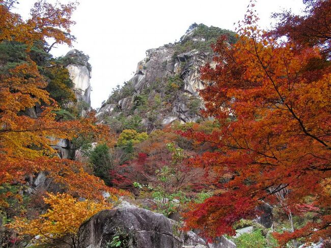 国の特別名勝にも指定されている紅葉の名所「昇仙峡」。<br />以前、観光バスツアーで来た時は、仙娥滝の周辺を散策する程度でしたが、昇仙峡の魅力を堪能するには、昇仙峡入り口の長潭橋から歩くのが一番です。<br />紅葉が見頃を迎えた11月中旬、羅漢寺山のトレッキングも兼ねて山仲間８人で行きました。<br />荒川の渓流と数々の奇岩、そして渓谷を彩る紅葉・・・絵画のような圧巻の美しさでした。<br />写真は、昇仙峡のシンボル・覚円峰（左）と天狗岩（右）。