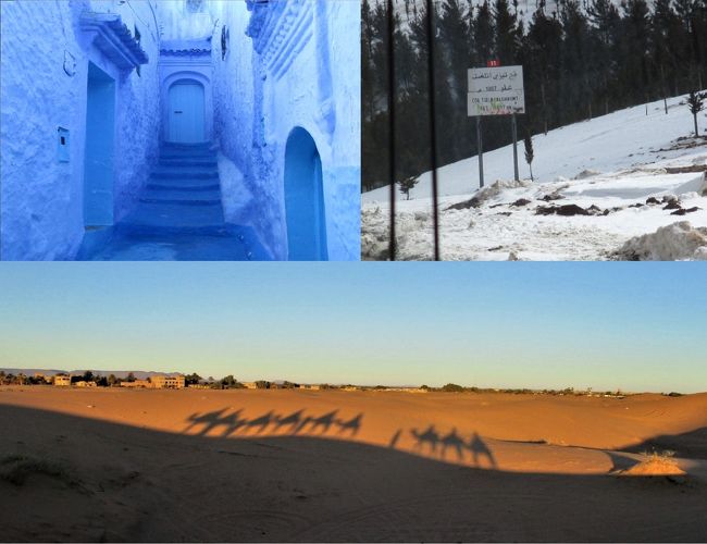 冒頭の写真は、青い街シャウエン、雪のアトラス山脈（標高２０００ｍの峠）越え、サハラ砂漠の一部・メルズーガ砂丘のホテルに宿泊した際に訪れた砂漠の幻想的な夜明けの写真です。<br /><br />今回は、エキゾチックなモロッコと幻想のサハラ砂漠や「青い街」シェフシャウエンと６つの世界文化遺産などを巡るツアーに参加しました。<br /><br />★モロッコの９カ所の世界文化遺産の中の６カ所を訪問<br />●フェズ旧市街：周囲20キロを城塞で囲みその中に30万人の人々が暮らし、現在でも拡張を続けています。<br />●マラケシュ旧市街：モロッコ最大の観光都市。大道芸人が集うフナ広場を中心に生命力が渦を巻き観光客を圧倒します。<br />●アイト・ベン・ハッドゥーの集落：ベルベル人がアトラス山脈を越えてオアシスにカスバを築いて移り住んだモロッコで最も美しい集落。<br />●古都メクネス：緑豊かな街はかつて暴君イスマイル王によって栄えました。<br />●ボルビリス古代遺跡：豊穣なる大地に建つボルビリスの遺跡は神殿を中心にタンジール門やモザイクの模様が今に名残をとどめます。<br />●ラバト：近郊都市と歴史的都市が共存する都市：歴史を彩る史跡と大西洋に面した街は美しく優雅です。<br /><br />他に、モロッコのタジンやパスティーリャ、ミントティーなどの名物料理などを賞味しました。<br /><br /><br />１泊目　機内<br />2泊目ラバト泊　ファラーホテルラバト(旧ゴールデンチューリップファラー)(スーペリアクラス)<br />3泊目シャウエン泊　リアドダール　エクシャウエン(スタンダードクラス)バスタブなしのシャワーのみ<br />4.5泊目フェズ泊　指定ホテル「パレウメイヤ」　全室スイートタイプの部屋（50平方メートル）<br />メディナ旧市街にあるかつての王族の館を改装した2012年にオープンした宮殿ホテル。<br />6泊目　メルズーカ泊	カスバホテル（旧オーベルジュ）トンブクトゥ(スタンダードクラス)バスタブなしのシャワーのみ<br />7泊目ワルザザート泊　ベルベルパレス＜指定＞<br />映画撮影時はハリウッドスターたちの宿泊として利用され、館内は映画の小道具やインテリが飾られていました。<br />8、９泊目　マラケシュ泊<br />ル　メリディアン　エンフィス（ショッピングモールの前に立地）<br />10泊目　機内