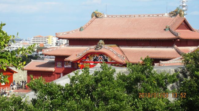 正月・沖縄は３年ぶりの旅、７度目になります。２日の１４時・那覇空港に着いたのですが沖縄はとても暖かい。<br />羽田までは冬の服装で那覇からは夏の姿に変身です。空港で着替えるには未だ早いので、タケノコの様に上を２枚ほど脱ぎました。<br />ホテル着がチエックインの１５時。部屋に入って荷ほどきをしてから「カリユシ（下着にＴシャツ）」に着替え「国際通り」に行きました。<br />旅行記は那覇の街歩きを置いときまして、翌日からの「首里城」の正月からとします。世界遺産「首里城」の正月。元旦から３日まで「首里城」の伝統的なイベントがあります。が、残念でした。３日の午前で終わりました。午後に行きましたので間に合いませんでした。入城の無料区域で行われていた「琉球芸能の宴」と「旗頭の演武」に堪能しました。「甘酒の振る舞い」でご馳走になりました。琉球舞踊の「四つ竹」は大好きな踊りです。「首里城」をあとにして「国際通り」までは毎度のことで歩いて行きます。那覇の「街歩き」はＰart２にします。<br /><br />表紙の写真は「首里城」の全景 ？。入城料は３００円かな「ケチる」わけでは無いけれど何度か見学していますので・・。<br />