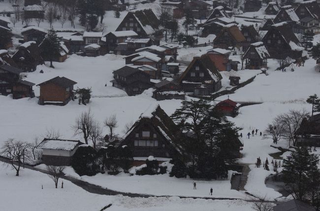 2018年1月の一時帰国休暇は世界遺産制覇を目指している中国にはいく予定を持たずに帰国しました。もちろん中国に飛ぶこともなんとなく考えていたのですが、1/8にJR名古屋駅を歩いていたらポスターが目に入りました。<br />『飛騨路フリー切符』<br />飛騨地区との往復に特急列車の普通車指定席が利用でき、飛騨金山～飛騨古川間は特急列車または快速・普通列車の普通車自由席が乗り降り自由。<br />さらに濃飛バスの白川郷線バス往復乗車券または高山＆新穂高フリー乗車券のどちらか１つと引き換えられる濃飛バス引換券がセットで尾張一宮発12,140円！！<br />これは安い！！！<br />行きつけの床屋さんで髪を切ってもらうために一宮に滞在していたので一宮出発で！<br />急いで泊まっていた東横イン尾張一宮店に戻り下呂と高山のホテルをチェック！無事に予約が取れました。<br />これは行くしかない！尾張一宮駅に戻り飛騨路フリー切符を購入。合わせて翌日のワイドビューひだ1号の岐阜から高山の指定席を予約。もちろん濃飛バスを利用して向かうのは世界遺産白川郷。<br />ビビっときた世界遺産への旅となりました。<br /><br />では旅の予定です。<br /><br />★1/9★←この旅行記 <br /><br />尾張一宮7:39→岐阜7:49 普通岐阜行き　<br />岐阜8:05 → 高山10:16 ワイドビューひだ1号　<br />高山バスセンター10:50→白川郷11:40 濃飛バス<br />白川郷見学<br />白川郷16:15→高山バスセンター17:20<br />飛騨高山ワシントンホテルプラザ<br /><br />1/10<br />高山9:40→飛騨古川9:56 普通猪谷駅行き<br />飛騨古川見学<br />飛騨古川10:51→高山11:13普通高山行き<br />高山市内見学<br />高山16:32→下呂17:14 ワイドビューひだ18号<br />奥田屋　八峰苑泊<br /><br />1/11<br />下呂　温泉巡り<br />下呂13:19→飛騨金山13:37 ワイドビューひだ１０号<br />飛騨金山見学<br />飛騨金山17:41→岐阜18:35 ワイドビューひだ１８号<br />岐阜ワシントンホテルプラザ泊<br /><br />1/12<br />岐阜市内（金華山付近を見学）<br />実家（豊田）に戻る。<br /><br />1/9<br />7時過ぎに東横イン尾張一宮をチェックアウト。<br />普通電車に乗り込んで岐阜に向かいます。<br />冬の美濃路から飛騨路への車窓は非常に綺麗でした。<br />高山に近づくと雪が降り出し、白川郷も雪の中の散歩となりました。<br /><br />冬の世界遺産を満喫した1日目スタートです。