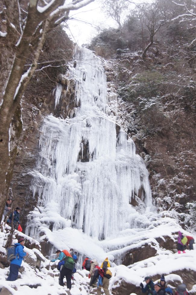 今シーズン最大の寒波が来たので、ちょっと雪が落ち着いた1月27日（土）に英彦山に友人と2人で登った。しゃくなげ荘までは雪もなくノーマルでも大丈夫だったが、そこから別所駐車場までは冬タイヤかチェーンが必要だった。別所駐車場から奉幣殿を通り、最初に四王寺の滝へ行く。途中からはアイゼンを付け、沢を登る。四王寺の滝は見事に凍結していた。そこからは南岳へ急坂を登る。中岳で昼食後、産霊神社で、Wの滝の場所を近くのパーティに尋ねると、これから行くというので同行させてもらった。参道から近いとは聞いていたが、雪のトレースも2人分しかなく、とても教えてもらわなければわからないところだった。その後、行者の滝に向かおうと思ったが、パーティは別のところに行くとの事で道を教えてもらう。行者の滝方向から登山者が一人で登ってきたので尋ねると行者の滝から上がってきたというので、その人のトレースを辿りながら行者の滝に向かった。行者の滝は思っていたのより小さく、３つの滝の中では一番残念だった。帰りにはしゃくなげ荘で温泉に入って帰った。しゃくなげ荘の入浴料は600円。<br />