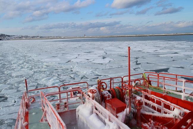 北海道の冬、今年も寒い。しばれます・・。<br />ふだんわざわざ寒いとこへ出掛けないけど<br />「北海道命名１５０年」の今年の冬は<br />オホーツクの流氷を見たいな～と思い紋別へＧＯ！<br />流氷砕氷船「ガリンコ号2」でいざオホーツク海へ！<br />予定ではガリガリ砕くはずだったんですが<br />シャリシャリとしょっぱい感じに～(￣▽￣)<br />だけどカワイイとっかり（アザラシ）に出会ったり<br />美味しいもん食べて楽しい１泊2日のバス旅でした！