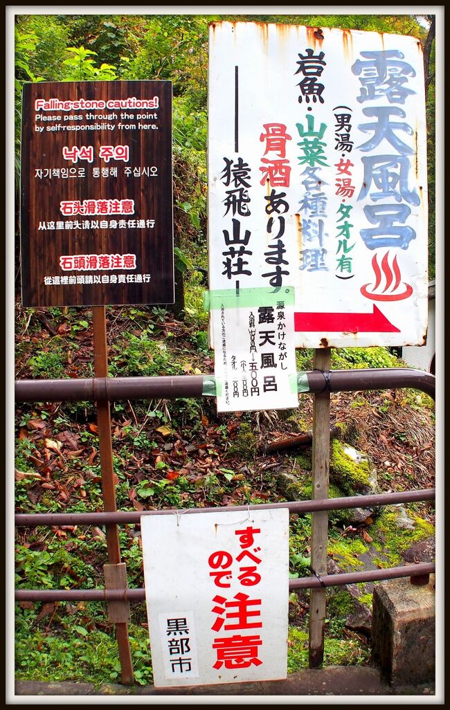 富山県の黒部峡谷の玄関：宇奈月温泉に行ってきました。<br /><br />実に、この地を訪れたのは、約２５年ぶり.....<br /><br />あああ....あの時は.....若かったよなぁぁ～思わずため息.....<br /><br />北陸新幹線が開通した今、「黒部宇奈月温泉駅」という湯気が出て行そーな駅もでき、新幹線を使うと、都内からは、比較的簡単に、宇奈月まで行けるようになっています。<br /><br /><br />写真：滑るので注意...と書いてあるのですが、革靴で来た私は、このあと見事にすっ転ぶことになりやす....