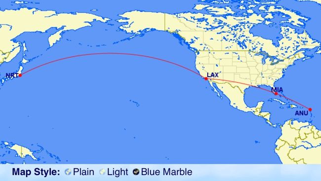 3連休に有休2日半つけて、カリブ海の国々とおまけのニューヨークに行ってきました。<br />今回は、飛行機＆空港滞在でアンティグアからマイアミ、ロサンゼルス経由でひたすら帰国するだけの旅行記ですｗ<br /><br />それにしても、今回の復路はちょっとチケットの取り方間違えたかも(^^ゞ<br />ANUから3時間半のフライトでマイアミへ、そこからLAXへのフライトは、国内線とはいえ、6時間超！LAXで約11時間の乗り継ぎを経て約11時間のフライトで成田空港へ。いやー、疲れました(^◇^;)<br />＜これまでの旅行記＞<br />(1)乗継14時間！ＮＹでオールナイトぶらぶら♪→https://4travel.jp/travelogue/11330295<br />(2)セントキッツのバセテール町歩き→https://4travel.jp/travelogue/11332955<br />(3)アンティグア・バーブーダのセントジョンズとイングリッシュハーバー→https://4travel.jp/travelogue/11330297<br /><br />【行程】<br />2/07 東京～ニューヨーク<br />2/08 ニューヨーク～マイアミ～セントキッツ<br />2/09 セントキッツ～アンティグアバーブーダ<br />2/10 アンティグアバーブーダ～マイアミ～ロサンゼルス<br />2/11 ロサンゼルス～東京（翌日）<br /><br />【フライト】<br />07 FEB UA 078 C NRT EWR 1755 1645<br />08 FEB AA2266 Y LGA MIA 0700 1026<br />08 FEB AA 318 Y MIA SKB 1145 1539<br />09 FEB LI 317 Y SKB ANU 1255 1325<br />10 FEB AA2405 Y ANU MIA 1630 1915<br />10 FEB AA1147 Y MIA LAX 2125 0038(+1) <br />11 FEB UA 032 Y LAX NRT 1100 1540(+1)<br />（ユナイテッド航空のHPで購入したエコノミー航空券「クアラルンプール/東京(NRT)/ニューアーク(EWR)//ロサンゼルス/サンフランシスコ/東京/クアラルンプール」の一部をポイントでビジネスクラスにアップグレード）<br />（JAL特典で手配したアメリカン航空エコノミー航空券「ニューヨーク(LGA)/マイアミ(MIA)/セントキッツ(SKB)」21,000マイル＋Tax)<br />(Liat航空のHPで手配したエコノミー航空券「セントキッツ(SKB)/アンティグア(ANU)」)<br />（アメリカン航空のHPで手配したエコノミー航空券「アンティグア(ANU)/マイアミ(MIA)/ロサンゼルス(LAX)」約28,000円）<br />（ANAのHPで手配したエコノミー航空券「ロサンゼルス(LAX)/東京(NRT)/クアラルンプール/東京/ロサンゼルス」を使用開始）