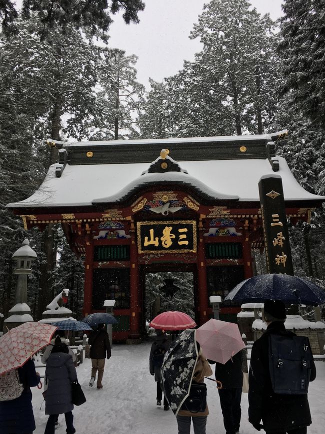 お互い転職に踏み切り有給消化中のお友達と、日帰りのはとバスツアーへ行ってきました。<br />前々から気になっていた、秩父の三峯神社へ…<br />個人で行くには中々厄介な所にあるので、勝手に連れて行ってくれるバスツアーを利用。<br />ちょっと贅沢して熊肉・猪肉、鹿肉が食べられるジビエコースにしよう！ということで、祝日に行って参りました。<br /><br />しかーし！3月末に秩父はまさかの大雪に！(笑)<br />雪に暫し無常を感じつつw、行ってきた様子をご覧ください。