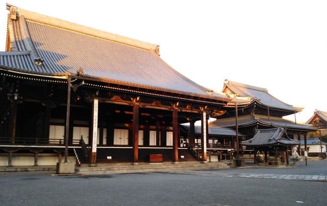 今日は京どすえ。　私はその昔修学旅行で京都に来た時一日を発熱で寝込んだので、あの時観ていない所を中心にリベンジだ。<br />東本願寺の朝のお勤めを見るべく早起き…しようとしたが布団から出られず7:15ズルズル宿を出る。<br />　↑“東本願寺”　宿から徒歩13分、当然お勤めは始まっていて寺に入って間もなくお坊さんの説法は終わってしまった。まぁあまり本気で聞くつもりでもなかったが(罰当たり)。