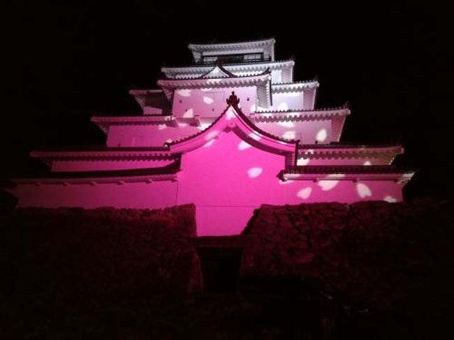 白河小峰城で行われるプロジェクションマッピングイベントに行くついでに福島にある３つの日本１００名城も見てきました。いつもの年より桜の咲く時期が早く桜も見ごろだったのでついでに三春の滝桜や花見山にも行き、行ってみたかった玉子湯にも行ってきました。<br /><br />★１０の旅行記散歩ルート<br />郡山駅→会津若松駅→グリーンホテル会津→会津若松駅→西若松駅→鶴ヶ城ライトアップ→西若松駅→グリーンホテル会津<br /><br />１．桜が満開の白河小峰城<br />２．とら食堂と白河桜さんぽ<br />３．はるか2018 ～白河小峰城プロジェクションマッピング<br />４．日本三大桜の三春滝桜を見に行く<br />５．三春の桜とまちめぐり～二本松 杉野家のなみえ焼きそば<br />６．高湯温泉 旅館玉子湯に宿泊（お風呂めぐり～夕食）<br />７．旅館玉子湯宿泊②（朝風呂～朝食）<br />８．餃子の照井～花見山 ①（60分コース散策）<br />９．花見山②（花の谷コース～空と花）～珈琲グルメ<br />10．鶴ヶ城ライトアップ←★今ここ<br />11．桜の咲く鶴ヶ城①（天守閣内部・南走長屋 ＶＲシアター・干飯櫓）<br />12．桜の咲く鶴ヶ城②（天守閣の周辺散策）<br />13．二本松城と二本松さんぽ