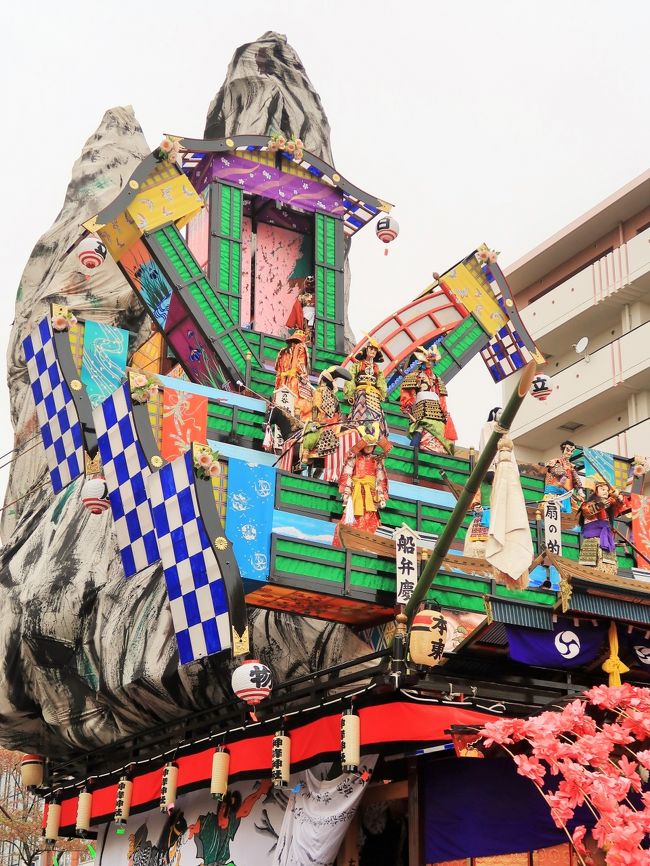 日立風流物（ひたちふうりゅうもの）は、茨城県日立市に伝わる民俗文化財で、同地の鎮守神峰神社に伝わる可動・変形する大きな山車と、その上で行われる操り人形（からくり人形）芝居を指す。神峰神社の大祭にて氏子により奉納されてきたもので、現在は毎年春の「日立さくらまつり」で公開されている。<br /><br />山車（1基）が国の重要有形民俗文化財に、祭礼としての日立風流物が国の重要無形民俗文化財に、それぞれ指定されている。2009年9月には、ユネスコ無形遺産委員会により無形文化遺産の代表リストへの記載が決定された。同一の行事に関連して、国の重要有形民俗文化財と重要無形民俗文化財の両方に指定されているものは全国で5組のみで、その内の1つである。<br /><br />古くは宮田風流物とよばれ、1695年（元禄8年）徳川光圀の命により行われた神峰神社の大祭礼に山車が繰り出されたことに始まり、享保年間(1716～1736年) に人形芝居が加えられ、今日のからくり仕掛けの山車に発達した。以前は例祭（5月3日）で公開されていたが、1988年以降は毎年4月の第2土曜・日曜に開催される「日立さくらまつり」で披露されている。<br /><br />日立風流物に用いられる山車は、高さ15m、幅3-8m、奥行7m、重量5tの巨大なからくり式の山車である。山車の中には約10人の囃子方や約30人のからくり人形の操り方（作者と呼ばれる）が乗り込み、200人以上で山車を牽引する。<br /><br />大きな山を背にした城郭の形を模した六層構造を持ち、第一層は囃子方や作者が乗り込む部分である。山車の正面の第二層から上を「館」と呼び、五層の唐破風造りになっている。「館」の第二層は大手門と呼ばれ、手前に倒れる構造になっている。第三層から第六層までは昇降機構（カグラサンと呼ばれる）によってせり上がった後に左右に開いて、大きな逆三角形をした五段の雛壇となり、操り人形芝居の舞台となる。<br /><br />各段にはそれぞれ2-3体のからくり人形が配されている。人形芝居が終わると「館」は廻り舞台となって回転し、最初は山車の後部であった「裏山」を舞台として、また別の人形芝居が行われる。これらの操作は全て山車内部の綱によって行われ、同じく山車内部で演奏されるお囃子にあわせて演じられる。<br />（フリー百科事典『ウィキペディア（Wikipedia）』より引用）<br /><br />日立風流物　については・・<br />http://www.kankou-hitachi.jp/page/page000060.html<br /><br />日立さくら祭り　については・・<br />http://www.city.hitachi.lg.jp/event/001/p064802.html<br />