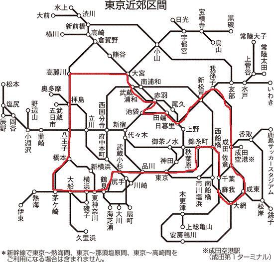 ＪＲは<br />東京だけじゃなく<br />大都市近郊区間内のみを利用になる場合の特例として<br />実際に乗車する経路にかかわらず、<br />最も安くなる経路で計算した運賃で乗車することができます。<br /><br />https://www.jreast.co.jp/kippu/1103.html<br /><br />へえ、それならばと日帰りでさくっと<br />思い付きのルートで行ってきました。<br />（赤いラインで書いてみました）<br />