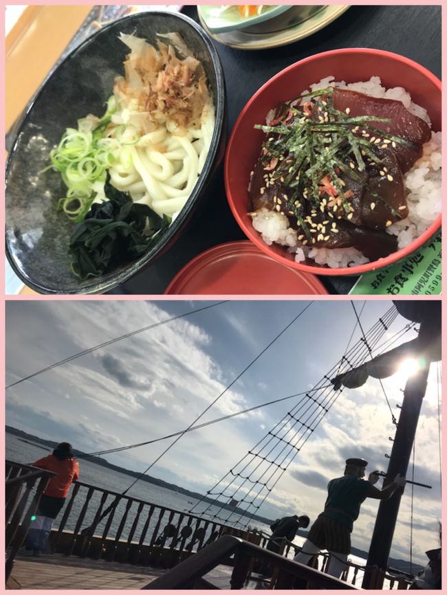 あご湾は三重県の伊勢志摩の南部にあり、リアス式の独特な海岸線と真珠の養殖が有名です。湾内には約50の島々が浮かび、その1つが伊勢志摩観光の拠点となる賢島。湾内最大の有人島です。<br />賢島から出航し、あご湾の島々の間を縫うように巡る「賢島エスパーニャクルーズ」に行った時の事、まだ出航まで時間があったので、船着場の近くのご飯屋さんでご飯を食べる事に。と言っても、ここの周り、本当にご当地メニューが食べれるようなご飯屋さんがまるでない。あるのはほとんど真珠屋さん。はて、どうしたものかと、探していると、一軒旗が立っている食堂らしき所を発見、入ってみる事に。伊勢に来てからまだ伊勢名物、伊勢うどんと、てこね寿司を食べてなかったので注文、これがまたそこそこいい値段……。まぁ、でも美味しけりゃいいや、と思ったのですが…。写メにあるように、見た目で新鮮ではない事が一目瞭然なてこね寿司。案の定食べたら臭くて吐きそうに…。うどんも食べるが…。まずい…。ただの伸びきったしょうゆぶっかけうどん…。久々に金返せと思いました。でも、その後のエスパーニャクルーズが楽しかったのでよかったです。南スペインのリゾートに来ているかのような船？らしいです。