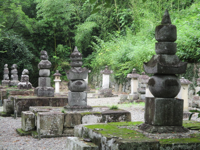 小幡山・崇福寺（そうふくじ、群馬県甘楽郡甘楽町小幡）は「天下布武」を旗印として国内統一をめざすも本能寺の変にて横死した織田信長の二男である信雄（のぶかつ、1558～1630）が江戸時代初期に大和国宇陀（３ま万石）と上野国小幡（２万石）を併せた５万石が与えられます。　<br /><br />但し宇陀領には信雄自身が入り大和宇陀藩を立藩、小幡領については信雄四男信良（のぶよし、１５８４～１６２６)の知行となり当地に陣屋を設けて支配、四代藩主信久（のぶひさ、１６４３～１７１４）の時、織田氏の菩提寺としていた宝積寺（ほうしゃくじ）から廃寺であった崇福寺を改築しそれまでの初代信雄、二代信良、三代信昌の墓石を当該寺に改葬させ信久以降の藩主の菩提寺とした臨済宗妙心寺派の寺院です。<br /><br />菩提寺の変遷については一般には種々理由がありましょうが、上述の経緯については定かではありませんが宝積寺は旧領主の小幡氏の菩提寺として格式高い古刹でありましたが、住職交代の普山式(しんさんしき）において席次が小幡氏や大柏氏に続く第三の席次であったことが信久の不満であったとも言われています。<br /><br />その後の崇福寺は宝暦８年（１７５８）焼失、再建後も明治４年（１８７１）火災によって全焼しましたが、歴代藩主の位牌は焼失を逃れ、昭和６１年（１９８６）に新築された位牌堂にて安置されて現在に至っています。<br /><br /><br />右端の織田信雄五輪塔の前部に設置されている説明板には次の通り記載されています。<br /><br />「　織田氏七代の墓<br />　　　　　　　　　　　　　町指定史跡：昭和38年6月20日指定<br /><br />崇福寺（そうふくじ）は、小幡藩主織田信雄（のぶかつ）から信富（のぶよし）に至る７代の墓があります。<br /><br />元和元（１６１５）年、織田信長の二男である信雄は、大和松山（奈良県大宇陀町）と上野（群馬県）小幡合わせて五万石の領主となり、子の信良（のぶよし）が入封して小幡織田氏の藩政が始まりました。<br /><br />その後、明和４（１７６７）年の事件で、出羽高畠（山形県高畠町）に移封されるまで、８代１５２年にわたり小幡藩を統治しました。<br /><br />織田氏の墓石はいずれも五輪塔で、初代信雄から、信良（のぶよし）－　信昌（のぶまさ）－　信久（のぶひさ）－　信就（のぶなり）－　信右（のぶすけ）－　信富（のぶよし）の歴代順に並んでいて、大名家の墓所らしい風格を見せています。」　<br /><br />