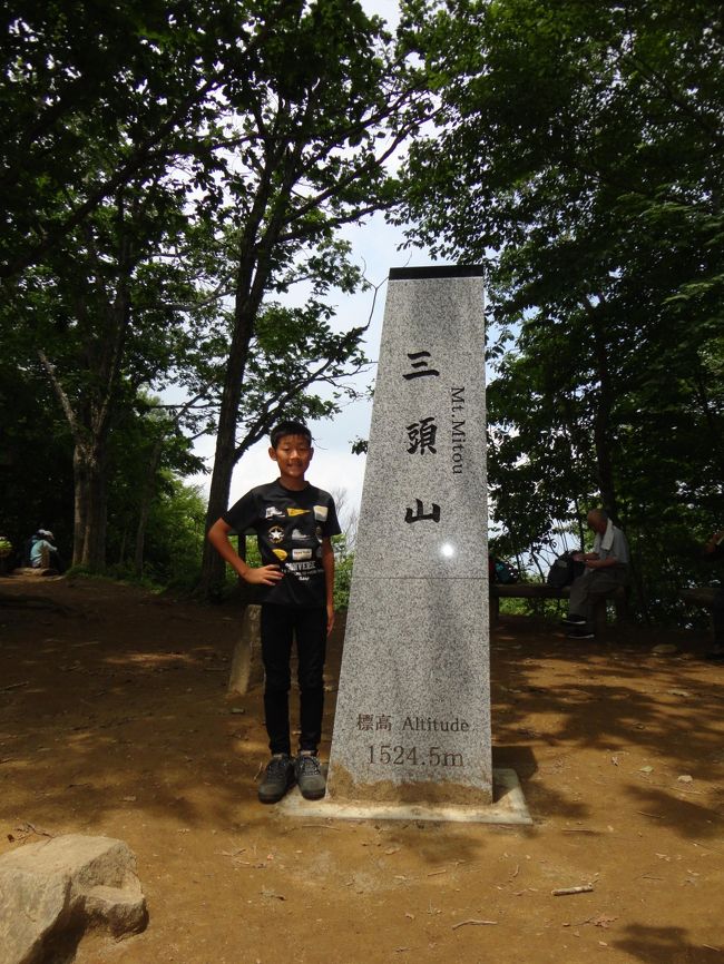 風車の弥七（孫）が今年は富士山に登りたいと言うので練習のため日帰りで三頭山（みとうさん）に登ってきた。<br />桧原村にある都民の森からスタートでブナの路コースに決める。<br />自宅を6時半に出て近くに住んでいる弥七をひろって都民の森を目指す。<br />秋川街道から桧原街道に入るとくねくね道になる。<br />自転車とバイクが意外と多く走っているのでバイクには適当な所で追い越ししてもらう途中で猿を数匹見る事が出来た。<br />8時半過ぎに都民の森駐車場に着く日陰を探したがもう埋まっていたので少しでも木陰になりそうな場所に駐車する。バイクと自転車が多く来ているのに少し驚いた。<br />無料なので助かる。朝食を食べ準備して9時すぎスタートする。駐車場も一杯になりつつあった。<br />今日も暑くなる予報だ。雲が出ているので山頂で富士山が見られるか分からない。<br />雨の心配は全然していなかったが鞘口峠から下山の途中で雷の音がしてきた。少しづつ近づいてきたのでヤバイと思い少し急ぎ足で降りてきた。<br />雷の間隔も短くなり暗くなったと思ったら大粒の雨が一気に降ってきた調度その時木工センターの二階入り口が見えたので走って滑り込み間一髪のところでずぶ濡れにならずに済んだ。<br />センターの一階で木っ端で無料のキーホルダー作りのイベントをしていたので雨が収まるまでオータムと弥七も参加した。<br />オータムはコウモリ、弥七はリスとペンギンを1時間程で作って金具を付けて完成させる。<br />雨宿りには調度良かったし結構楽しめた。<br />