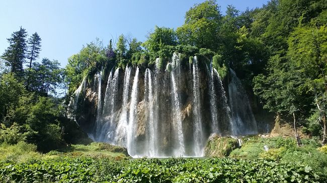 ■ラストケ村を散策した後、プリトゥヴィツェ湖群国立公園の見学です。<br />広大な公園なので、今日と明日２日間かけての観光です。<br />■ プリトゥヴィツェ湖群国立公園はクロアチア最大の国立公園で1979年にユネスコ世界遺産に登録されました。<br />湖群は、カルストの川と小川から流れる水が、境界、河口の地形を築き、炭酸カルシウムで形成されたトラバーチン呼ばれる堰が多くの滝や湖を作り出しています。<br />私たちが湖畔を歩いている時でも形成されている自然不断のプロセスです。<br />■ 今日もいい天気、流れ落ちる滝のマイナスイオンを浴びながら湖畔を散策、大自然を満喫しました。<br /><br />_/_/_/　スロベニア・クロアチア・ボスニアヘルツェゴビナ　旅程　_/_/_/<br />2018年<br />□ 　6/18 　自宅 ⇒ 中部国際空港発（フィンランド航空 AY80便）⇒ ヘルシンキ経由（フィンランド航空 AY1201便) ⇒ リュブリアナ（リュブリアナ空港)着 ⇒ ブレッド泊<br />□ 　6/19　ブレッド湖観光 ⇒ ポストイナ鍾乳洞観光 ⇒ ブレッド泊<br />■ 　6/20　ラストケ村散策 ⇒ プリトゥヴィツェ湖群国立公園観光 ⇒ プリトゥヴィツェ湖群国立公園泊<br />■  　6/21　プリトゥヴィツェ湖群国立公園観光 ⇒ シベニク観光 ⇒ スプリト泊<br />□ 　6/22　スプリト観光 ⇒ トロギール観光 ⇒ スプリト泊<br />□ 　6/23　モスタル観光 ⇒ ドブロブニク泊<br />□ 　6/24　ドブロブニク観光 ⇒ ドブロブニク泊<br />□ 　6/25　ドブロブニク空港発（フィンランド航空AY1832便）⇒ ヘルシンキ経由（フィンランド航空AY79便) ⇒ 機中泊 <br />□ 　6/26　⇒ 中部国際空港着 ⇒ 自宅