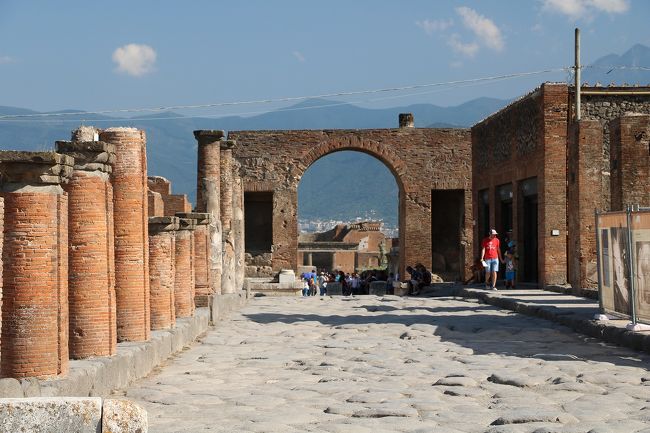 7年ぶりのイタリア旅行。<br />前回は、東日本大震災の翌日から出かけたためバチが当たり、連日の雨。<br />しかも一番楽しみにしていた青の洞窟も波があってクローズとなり、さんざんな旅行になってしまいました。<br />そのリベンジを兼ねて、天候が最も安定する7月に出かけてきました。<br />今回の旅程は、<br />7月10日(火)関空よりフランクフルト経由ローマに行き宿泊<br />7月11日(水)ローマからパレルモに飛行機で移動し、パレルモ市内観光<br />7月12日(木)世界遺産のアグリジェントとカルタジローネを観光し、タオルミーナで連泊<br />7月13日(金)タオルミーナとシラクーサ観光<br />7月14日(土)タオルミーナからアルベロベッロへバスで大移動し、アルベロベッロ観光<br />7月15日(日)マテーラとポンペイ遺跡を観光しナポリで宿泊<br />7月16日(月)カプリ島とアマルフィー観光後ナポリ泊<br />7月17日~18日ナポリよりフランクフルト経由関空に移動して帰宅。<br />今回は、旅物語の7泊9日のパックツアーでしたが、参加者が少なくゆったりとした旅でした。<br />天候にも恵まれ、連日の30度越えで観光は大変でしたが、日本と違い湿度が低いので日陰に入るととてもさわやか。<br />逆に日本のほうが連日の猛暑で体調を壊しそうでした。<br />今回は、旅行6日目の午後から観光したポンペイ遺跡を紹介します。<br />ポンペイ遺跡は前回の旅行の際にも行ったので2回目の観光。<br />何度行っても当時の文明の発達と自然の驚異に驚かされます。