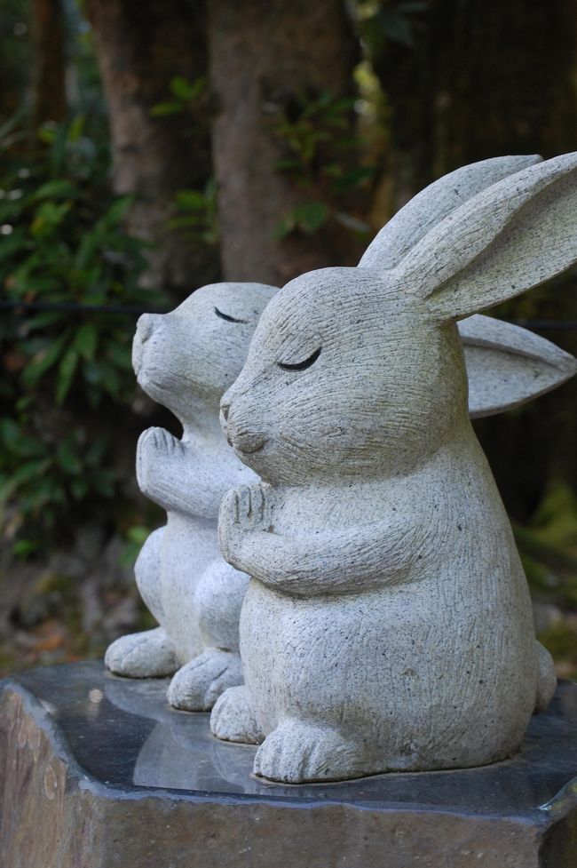2018年の夏は、山陰(鳥取・島根)へマイカーで訪れました。<br />山陰へは、高校2年生の時の修学旅行で大山登山・松江・出雲大社そして20代前半にはバイクで鳥取砂丘・美保関・日御碕・出雲大社へ訪れて以来の数十年ぶりになります。ずっと想い続けていた山陰へようやく今回行くことができました。<br />日程は<br />1日目・・植田正治写真美術館・足立美術館・八重垣神社・出雲大社・稲佐の浜・宿泊は「お宿 月夜のうさぎ」<br />2日目・・古代出雲歴史博物館・出雲大社八足門内特別参拝・旧大社駅・日御碕神社・日御碕灯台・松江城・宿泊は玉造温泉「玉造グランドホテル長生閣」<br />3日目・・美保神社・美保関・鳥取砂丘<br /><br />2泊3日の旅は、山陰の美しい風景と歴史、美味しい食べ物、そして神々との深い結びを感じるとても充実した思い出の旅となりました。<br /><br />山陰旅の1日目の午後は、八重垣神社を訪れてから出雲大社へ。出雲大社では可愛いウサギの石像に癒され、そして神話の舞台の稲佐の浜では、美しい夕陽に出会いました。