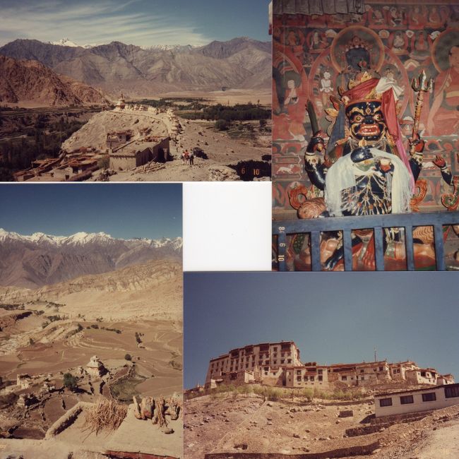 大昔のインド旅行の抜粋写真です。へたくそ写真の、私的な備忘録ですので、スルーして下さい。<br /><br />インドは1980年と1984年の2度行きました。<br />1980年は会員だったNGOの親善旅行に参加して、訪問地はコルカタ(当時カルカッタと呼んでいた)、チェンナイ(マドラス)、コモリン岬、ムンバイ(ボンべイ)、ナグプール、ニューデリー、アグラだったはず。<br /><br />1984年は2ヶ月滞在しましたが、ほとんどは知り合いのインド人の家(コルカタとニューデリー)にホームステイして、半月程でネパールとヴァーラーナシー(ベナレス)、ジャイプール、アーメダバード、シュリーナガル、ラダック地方のレーに行きました。ヴァーラーナシーはコルカタのおじいちゃん・おばあちゃんと一緒に旅行して、他の町は一人旅しました。<br />表紙写真は1984年、レーでゴンパ巡りをした時(左上下・右上)と右下は多分、レーの旧王宮。