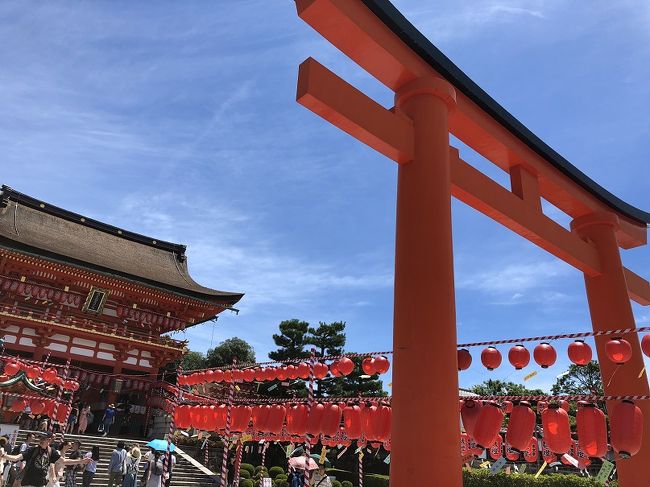 暑さにめっぽう弱い我が家。<br />特に主人は男性の更年期?なのか、とにかく暑さが不快で<br />すぐに暑さにのぼせて機嫌が悪くなってしまうので要注意!!<br /><br />それなのに・・・<br />7月初め、夏休みになるしリッツに泊まって伏見稲荷へ行こうo(*^-^*)0<br />と計画を立ててしまった私。<br />どんどん最高気温も更新されていき<br />35~36℃なんてざらになってきてる・・・<br />こんな時期に京都なんて無謀だった(ノД`)・゜・°<br /><br />でも旅行は行きたいし<br />しっかり暑さ対策の計画をたてて行ってきました。<br /><br />○1日目 7月22日(日)<br /><br /> 自宅 ~ 伏見稲荷大社 ~ 京都ホテルオークラ(昼食) ~ 建仁寺<br /> ~ リッツカールトン京都 <泊><br /><br />○2日目 7月23日(月)<br /><br /> ホテル ~ 平安神宮 ~ IKEA神戸 ~ 自宅 <br /><br /><br />