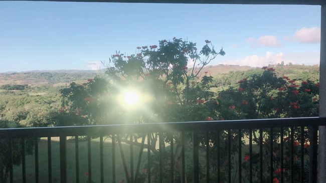 レオパレスリゾートホテルの部屋から、景色を写したら、眩い陽の光が直線的にやって来ました。<br />部屋はかなり広くて、ゆったりできます。<br />小さなキッチンがあって、家族連れにもピッタリ！<br />窓からの景色も良い感じです。