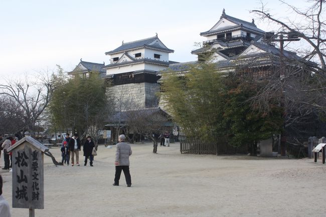 2017年の冬休み、宮崎、大分、愛媛を回ってきました。<br />旅の目的は、<br />①青島や臼杵石仏を観る。<br />②フェリーで九州から四国に渡る。<br />③日豊本線を完乗する。<br />④久しぶりに寝台特急「サンライズ瀬戸」に乗る。<br />でした。<br />臼杵石仏が改修中だったため、全部を観ることができなかったのが残念でしたが、天気に恵まれ、ほぼ予定通りに回ることができました。<br />その9は、松山散策とオレンジフェリー乗船と帰路編です。<br /><br />その1 出発と寝台特急「サンライズ瀬戸」乗車と宮崎上陸編https://4travel.jp/travelogue/11393800<br />その2 青島散策編https://4travel.jp/travelogue/11396092<br />その3 日南線乗車と油津散策編https://4travel.jp/travelogue/11396346<br />その4 日南海岸バス乗車と鵜戸神宮参拝編https://4travel.jp/travelogue/11401692<br />その5 臼杵石仏参拝編https://4travel.jp/travelogue/11402277<br />その6 臼杵石仏公園散策と臼杵大佛参拝編https://4travel.jp/travelogue/11404152<br />その7 臼杵市街散策編https://4travel.jp/travelogue/11404519<br />その8 九四オレンジフェリー乗船編https://4travel.jp/travelogue/11404975