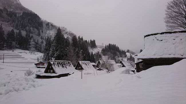 雪景色を見たいと思い、JALのマイルを使ってご褒美旅をしました。<br />題名通り、岐阜・富山・金沢・名古屋の4県を回りました。<br />雪景色も見れて、美味しいものを食べてたくさん観光できて楽しかったです(*^^*)<br />細かいところまで写真を撮ったので、参考にしていただければと思います。