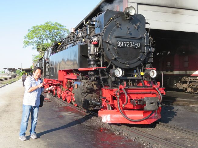 2018年5月8日（火）Goslar　ゴスラー 　でランチを済ませてからWernigerode　ヴェルニゲローデの街に足を運びました。表紙のフォトはHarzer Schmalspurbahnen　ハルツ狭軌鉄道駅に戻って来ている蒸気機関車です。主人のテンションはかなり高め♪こういう嬉しそうな顔を見る事が出来る事は幸せです!(^^)!<br />Goslar　ゴスラー 、Wernigerode　ヴェルニゲローデの御土産屋さんには魔女の人形がたくさん売っています。見るだけでも楽しいのでぜひ♪<br />