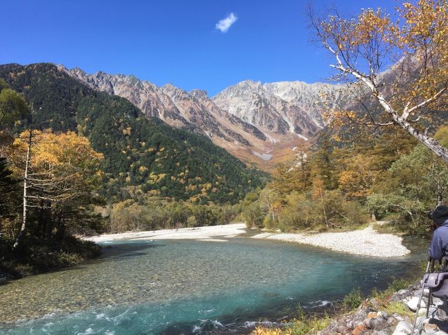 山歩きに目覚めたこの頃、今回は昭和9年に「中部山岳国立公園」に指定された上高地へ出かけました。<br /><br />大正池でシャトルバスを降車し、大正池　⇒　河童橋　⇒　明神池　⇒　徳沢　⇒　明神　⇒　バスセンターまでの、往復２０ｋｍを歩きます。<br /><br />写真は上高地を訪れた事がない方でも、一度は見た事がある河童橋からの穂高連峰です。<br /><br /><br />