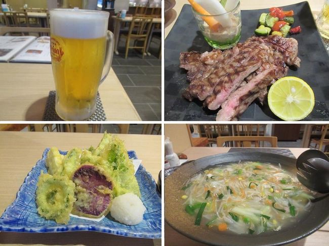 石垣島で過ごす最後の夜は２日前に続いてホテルのレストラン・ひるぎで頂きました。<br />オリオンで喉を潤した後は、やいま牛のステーキに、島野菜の天ぷらに、ボリュームがものすごい八重山そばちゃんぽん。<br />おいしく旅の締めくくりです。<br />