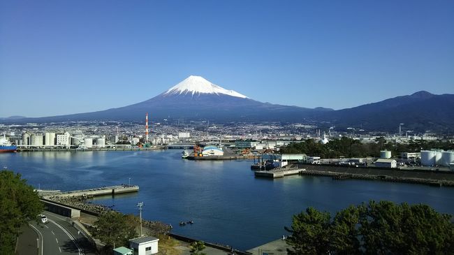 静岡へ行っても、なかなか富士山が顔を出してくれない旅が続いてしまいました。天気の良い週末、これだけ晴れていれば今度こそ富士山が見えるだろうと、中央高速を河口湖へと進みました。<br /><br />東京を出る時は晴れていたはずですが、河口湖が近づくとだんだん黒い雲が出てきました。もう見えても良いはずの富士山が、雲の中でまったく見えません。インターを降りると、紅葉にはまだ早いのに車が沢山走っています。湖に向かう橋の方面は、渋滞しています。車の流れが悪いので、横道にそれ昼食をとることにしました。<br /><br />街道から少しい奥まった細い道に、「イルバッコ・ビス」と言うイタリアンのレストランがありました。片流れの屋根にテラス席もあって、かわいい感じです。ランチメニューから、パスタとピザを頼みました。前菜からコーヒーまで、他に数組お客さんがいても静かな雰囲気で食事が出来ました。しかし、窓の外を見ると雨がポツポツ降りだしてきました。<br /><br />この天気では湖の散策は諦めて、いつもの猪之頭の山小屋へ向かうことにしました。鳴沢から峠を登って行くと、雨は本降りのようになってきました。だいぶ登り上九一色村のあたりを走っていると、道路沿いが白く見えます。まさか、止まって見ると10月なのに雪が薄っすら見えます。夏タイヤなので怖くなり、山小屋を通りすぎて富士の宮まで一気に下りました。夕闇が迫っていましたが、浅間大社や世界遺産センターを見学しました。以前にも来たことのある施設ですが、夕闇の中に明かりがともると幻想的な雰囲気でした。この日は新富士駅前へ行き、東横インに泊まりました。窓からは真っ黒な雲しか見えませんが、「富士山ビューの部屋がある」とホテルのメッセージに書かれていました。翌朝の景色を楽しみに速めに寝ました。<br /><br />朝は起きると、まず窓のカーテンを開けてみました。快晴の青空の中、富士山がドーンと目の前に広がっていました。ここまで来たら、田子の浦がすぐそばです。「田子の浦ゆ うち出でてみれば 真白にそ、、、」山部赤人の句を思い出しました。調べてみると、万葉集と新古今では歌が違うとか、昔は字も違って読んだ場所も違うとか説があるようですが、現在の田子の浦は「県営みなと公園」として整備されているようなので、そこへ行ってみました。公園は緑の芝生や大きな遊具もあり、山部赤人の万葉句碑もありました。富士山ドラゴンタワーに登ると清水港と富士山が眺められ、万葉歌人になったような気分になりました。<br /><br />地元の銘菓に「田子の月」と言う和菓子があるようなので、それをお土産に買って帰路に着きました。<br />