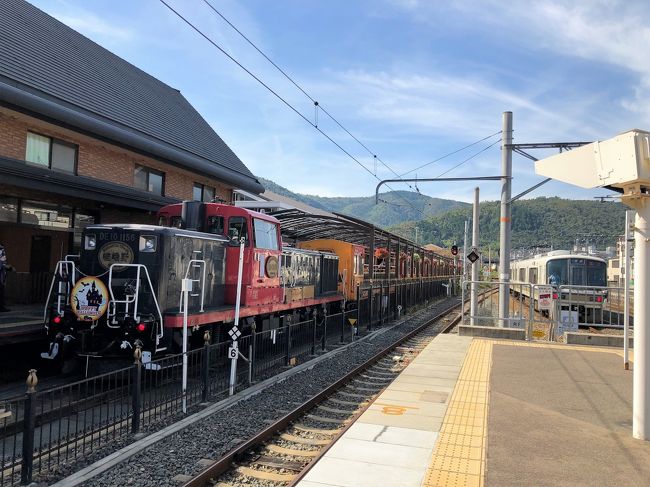 2歳8ヶ月の息子と飛行機に乗って京都へ行ってきました。<br /><br />◎行ってきたところ<br />10/22(月)嵯峨野トロッコ列車<br />10/23(火)京都鉄道博物館<br />10/24(水)貴船神社<br /><br />息子が喜びそうな鉄道関係多めの日程にしました。<br />最終日だけ私の趣味で貴船神社です。<br /><br />神奈川から宮城に引っ越してからはじめてのふたり旅。<br />しかも飛行機で行くのは初でした。<br /><br />8月に宮城に引っ越して慣れない環境なせいなのか、終わりを迎えたはずのイヤイヤ期がパワーアップして復活しました。<br />私の行動が1ミリでも思う通りにならないと大激怒&大号泣。<br />何が正解なのかわからない。<br />あと目的地までほぼ抱っこ強要。<br />こんなんでふたり旅大丈夫かと不安でした。<br />でも3歳前まで息子は飛行機無料、抱っこ紐もオムツも使える今がチャンスと思って行きました。<br /><br />息子の移動手段として抱っこ紐かベビーカーか迷ったけど、エレベーター乗り降りとか、息子のベビーカー乗り降り(自分でやらないと気が済まない。でもなかなか座ってくれない…)のこと考えたら面倒になり、抱っこ紐を選びました。<br /><br />持ち物はこんな感じです↓<br />・息子 12.5㎏<br />・ショルダー<br /> 財布、カメラ、スマホ、ハンカチ、ティッシュ、息子のお菓子、水、シールブック<br />・リュック<br /> 2人分の着替え1日分、羽織、洗濯洗剤、洗面用具、オムツ13枚、おしりふき、抱っこ紐、傘、ビニール袋、エコバッグ、灰色ねこのぬいぐるみ(ねんねのお供用)<br />・息子のリュック<br /> 羽織、食事エプロン、ウェットティッシュ、黒猫のぬいぐるみ(普段使い用)