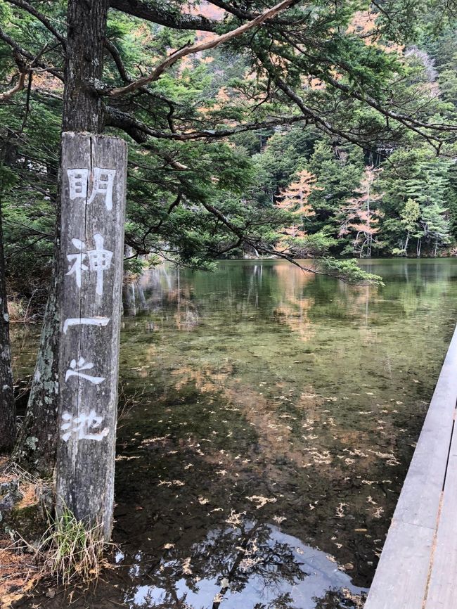 前回は春に大正池から河童橋までを散策したので、今回は閉山直前の明神池まで行ってきました。最高気温6度と聞いて不安もありましたが、行ってびっくり。思っていたよりずっと暖かくて気持ちの良いトレッキンになりました。残念ながら紅葉の見ごろは過ぎてしまっていましたが、久しぶりに自然の心地よさ感じてきました。