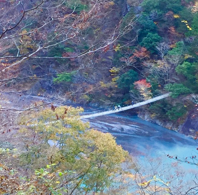 寸又峡が臨める場所に位置し、秋の紅葉の時期には多くの観光客が訪れる夢の吊り橋。テレビ番組で拝見した板2枚分の幅しかなく、眼下に川が丸見えな様子にビビってしまいましたが、渡れば『～できない』と思い込んで挑戦しない自分が変われるのではないか、何かキッカケが欲しいと思い行って参りました。<br /><br />