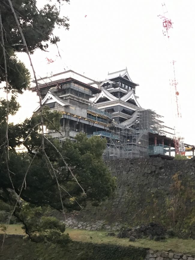 震災以来の訪問となった熊本で早朝熊本城を周遊ランを実施した。復興見学ルートというものがあり、取り急ぎ市役所からスタート。熊本大神宮でお詣りをして、東十八間櫓に到着。暗くてよくわからなかったですが、震災時<br />の悲惨な崩れ方よりはよくなっています。続いて北十八間櫓、平櫓と見所があります。北大手櫓門跡の工事をみて加藤神社に行きます。<br />ここから中は現在も通れず、ここから天守閣を眺めます、立派な宇土櫓の復旧も進みクレーンで賑々しいですが、とても感動的な城です。<br />戌亥櫓、遠くの公園から天守を眺め、1周して帰りました。全体で3KMぐらいですので、熊本訪問の際はぜひ回ってください。