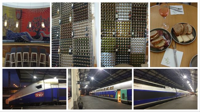 フランスとスペイン国境の小さな街アンダイエ(Hendaye)からTGV#8530 <http://www.raileurope-japan.com/train-tickets/journeys/article/hendaye-bordeaux> に乗ってボルドー(Bordeaux)へ、約220Km, 2時間44分。席は2階建て車両の上階、スーツケースをもちあげるのがしんどかったけど荷物置き場が前後の他中央にもあり、シートもゆとりがあってらくらく、トイレの水が出なかったことを除けば快適でした。ボルドーではソムリエ(仏:sommelier、女性単数形:sommelière)を養成する学校が開いているワイン・バー「Le Bar à Vin」<http://baravin.bordeaux.com/en/> へ、ボルドーワイン協会のビルの1階にありボルドー近郊で作られるすべてのワインの Tasting ができます。まず手始めにクレマン(Cremant, 英語でcreamy)のロゼ(rose, 原料は Pinot Noir?)。フランスには地方ごとに厳格な Wine Law があって例えば Champagne 地方で取れたブドウを原料に決められた製法で一定期間熟成させたスパークリング・ワインでないとシャンペーンと呼べません。クレマンは Champagne地域外で一定基準(150kgのブドウからの最大100リットルの果汁、最大150mg /リットルの二酸化硫黄、最低9ヶ月間の熟成期間および強制味覚テストに合格)に従って作られたスパークリング・ワインですが、泡は見えないほど小さく美しい色をしています。その名前のようにのどごしベルベットのようにsmooth、爽やかでFruity たいへん美味しくいただき、すっかりロゼのファンになってしまいました。これは何杯でも飲めそう(飲みたい)ですがそこは抑えて、次は Saint-Emillion Royal。こちらは逆に戦車級の重量感のある「のどごし」で、豊潤な香りにわが身が包まれます。こういうワインには小切りのバケットとチーズが最高の組み合わせ、幸せな時間をすごしましたが、店が込んで来る前に退散。