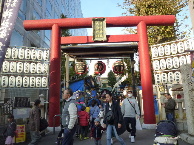 【三の酉 市守大鳥神社 八王子 2018/11/25】<br /><br />昼間、市守大鳥神社で三の酉を見に行きました。日曜日なので、甲州街道とJR八王子駅から道との交差点周辺から市守大鳥神社前には、多くの屋台が出店しおり、たくさんの観光客で賑わっていました。普段は、閑散としている神社境内も多くの人が、酉の市を楽しんでいました。<br />〒192-0081 東京都八王子市横山町