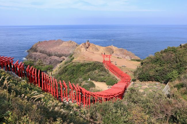 10月の中旬、群馬・新潟・長野の旅行から帰り、何気なく毎月届いている旅行のパンフレットを見ていると、「復興割」が目に飛び込んできました。<br />安い、8,000円の復興補助、そして是非行きたいと思っていた元乃隅稲成神社、角島大橋、そして軍艦島が入ったコースがあるではありませんか。<br />しかし、来年マイカーにて山口県へ行く予定にしていましたし、帰って1ヶ月あまりの出発でしたので少し考えましたが、申し込むことに。<br />残席も2名、ぎりぎりで行くことができました。<br /><br />今回は、某旅行社のツアーということで、団体旅行です。<br />新幹線の往復と、現地は貸切バスでの移動です。<br />3日間のスケジュールです。<br /><br />1日目<br />新大阪（7:12発）ー（新幹線のぞみ）－小倉＝元乃隅稲成神社＝角島大橋＝角島灯台公園＝北九州・ホテルActive Resorts【泊】<br />2日目<br />ホテル＝宇佐八幡＝別府湯の花小屋＝両子寺＝富貴寺＝真木大堂＝宗像・Royal Hotel宗像【泊】<br />3日目<br />ホテル＝宗像大社（辺津宮）＝長崎中華街散策＝軍艦島上陸クルーズ＝博多ー（新幹線のぞみ）－新大阪（22:28着）<br /><br />今回の旅行を、全3編にて書かせていただきました。<br />№1は、1日目の山口県が中心です、ご覧ください。<br /><br />