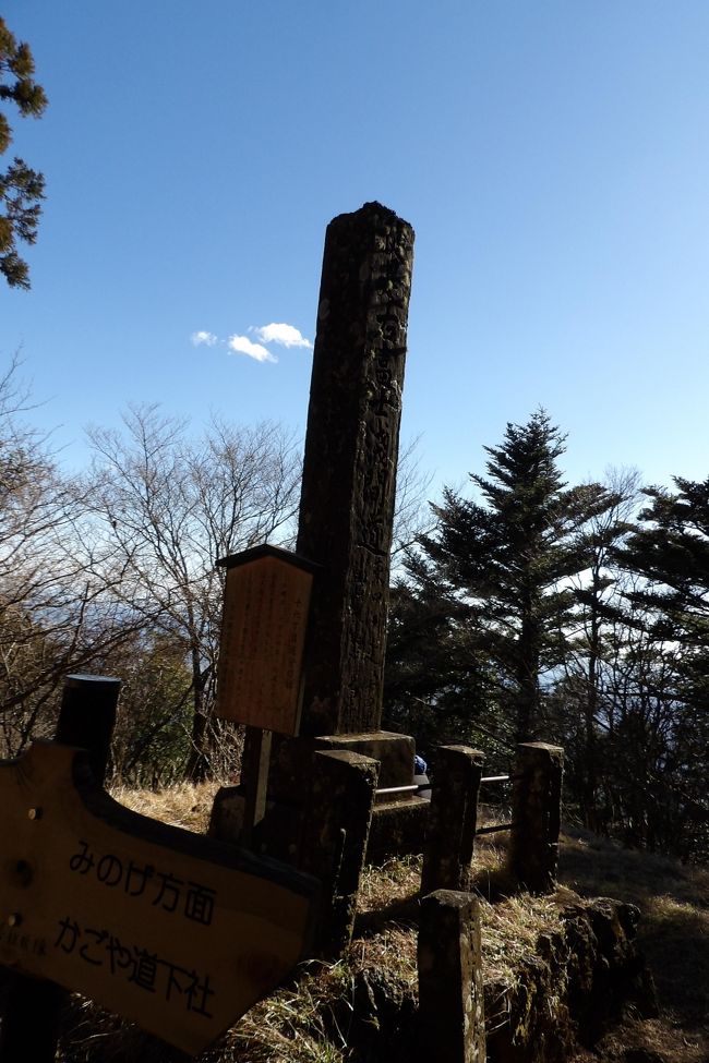 　16町目分岐には石塔が建てられ、ベンチも据えられている。道標には「みのげ方面」、「かごや道下社」とあり、蓑毛からの参道の他に登拝門から本坂を迂回する山道があるのだ。<br />　20町目からはようやく富士山が見える。しかし、北側に山の裾が掛かり、富士見台と名付けるほどの場所ではない。<br />　25町目にはヤビツ峠分道が交差している。朝にヤビツ峠行きのバスに乗り遅れなければ、この場所には11時過ぎに着いていただろう。もう午後の1時半だ。富士山には雲が掛かり出してきている。ここのヤビツ峠分道を10mも進むと西側の木立も途絶え、20町目の富士見台などよりももっと綺麗な富士山が見える。<br />　この先は掘割道が続くが、西側には富士山があり、木立の合間からは富士山を望めるヶ個所が2ヶ所ある。<br />　27町目には本社の銅鳥居が建ち、ここからは大山阿夫利神社本社の境内となるのだが、富士山の山容全体が見えるのはこの27町目から参道の西側にある道沿いであり、山頂公衆トイレ裏手の富士山のビュースポットとされる展望図がある場所は電波塔が建つ建物の近くであり、本社の手前の前社社殿が建つ丘の下に当たる。<br />(表紙写真は16町目分岐）