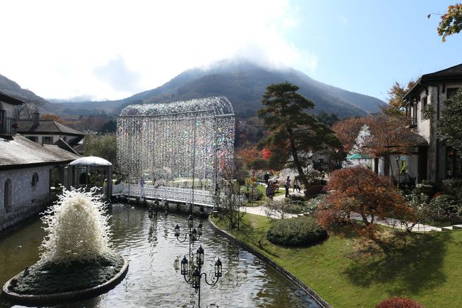 2018年11月9日-11日、箱根へ行きました。。<br />愛犬と一緒に温泉とグルメを楽しんできました♪<br /><br />☆Vol.20：仙石原♪<br />今日は強羅温泉「ホテル凛香」から日帰り観光♪<br />仙石原のすすき草原からガラスの森美術館へ。<br />エントランスから美しい風景。<br />広大な庭園はガラスと紅葉の競演が素晴らしい。<br />ヨーロッパ風の美しい建物を囲む池、<br />トンネル状のガラスすだれ、<br />見え隠れする紅葉、<br />黄金色のすすきとガラスのきらめくすすき、<br />池に2本のクリスタルクリスマスツリー、<br />渓谷に広がるもみじの紅葉、<br />渓谷のエキゾチックなガラス、<br />真っ赤な美しいもみじ、<br />咲き残るピンク色のバラ、<br />秋の花とガラスのカボチャ。<br />これで一通りに庭園を眺めました。<br />クリスタルとの調和は素晴らしかった♪