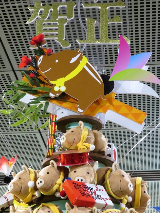 東京国際フォーラムの干支クリスマスツリーは、クリスマス当日から干支飾りへと変身を遂げました。<br />ところがその後、なかなか干支飾りの撮影をするチャンスがありませんでした。<br />今年2019年は年始休み中には東京国際フォーラムでのバレエ観劇予定を入れていなかったし、年始休みを延期して2回もレッサーパンダ遠征を計画したため、東京国際フォーラムで無料で参加できるJ-Cuture Festにも行くことができませんでした。<br /><br />というわけで、5日の夕方、山口に向かう夜行バスに乗るために東京駅には、有楽町経由で向かいました。<br />そして無事、子豚にも見えるウリ坊主のイノシシの干支飾りの写真も撮ることができました。<br />ちなみに、本家中国の干支では、イノシシではなくブタでしたね。<br /><br />今年2019年の年始は、レッサーパンダ遠征予定を優先させてしまったので、私の中で年始らしい過ごし方が減ってしまいました。<br />だからこそ、せめてこの干支飾り撮影は外したくないと思っていたので、わざわざ寄った甲斐がありました。<br /><br /><これまでの東京国際フォーラムの干支クリスマスツリーと年明けの干支飾りの旅行記><br />「東京国際フォーラム恒例の干支クリスマスツリー(いのししっ子バージョン)」<br />https://4travel.jp/travelogue/11436192<br />「新春2018年戌年・東京国際フォーラム恒例の干支クリスマスツリーから干支飾りへ」<br />https://4travel.jp/travelogue/11317248<br />「東京国際フォーラム恒例の干支クリスマスツリー(いぬバージョン)」<br />https://4travel.jp/travelogue/11312684<br />「新春2017年酉年の東京国際フォーラム恒例の干支クリスマスツリーが干支飾りに早変わり<br />https://4travel.jp/travelogue/11203951<br />「東京国際フォーラム恒例の干支クリスマスツリー(とりバージョン)」<br />http://4travel.jp/travelogue/11197201<br />「干支クリスマスツリーが新春飾りに早変わり!~東京国際フォーラムにて」<br />http://4travel.jp/travelogue/11091484<br />「東京国際フォーラム恒例の干支クリスマスツリー(さるバージョン)」<br />http://4travel.jp/travelogue/11081912<br /><br />東京国際フォーラムの公式サイト<br />http://www.t-i-forum.co.jp/