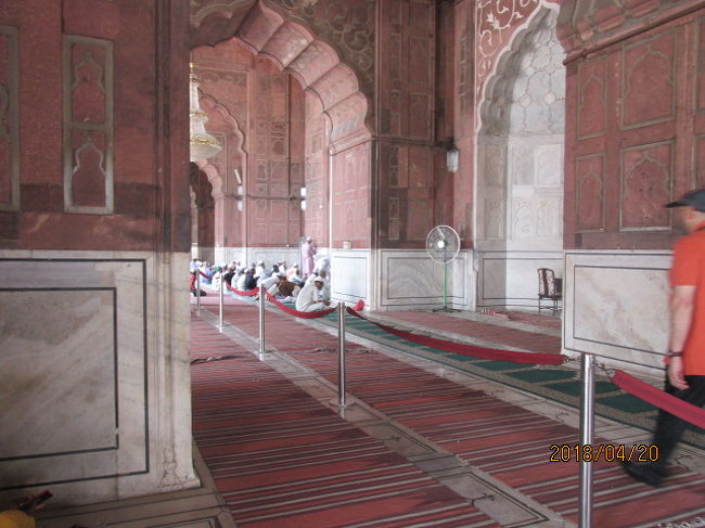 このジャマー・マスジットはムガール王朝時代に建設されたイスラム教の聖堂で、現在の処、インド国内では最大のモスクとなっている。この寺院名の意味する処は、金曜日に礼拝に集うモスク、と言った意味で、中庭は広い空間になっていて、最大は２５，０００人の礼拝者を収容できると言われる。床面はタイルが敷かれていて、参詣者はそのタイルの上に直に座ることができる。樹木とか花壇、地面の全くない人工的な空間広場である。<br /><br />中庭広場の正面に一段高くなった礼拝堂があり、何人かの信者が横座りになって黙想していたり、何回も伏して拝礼をしている。１日６回も礼拝を行うイスラム教徒が世界で一番信仰心強い人々だろう。アーチ状の丸天井はモザイク模様が繰り返し続いていて、そこには、キリスト教会や仏教寺院にあるような宗教画、聖人像などの象形絵画は一切なく、無機質な直線、曲線状のデザイン模様がタイル或いは大理石の石片で繰り返し続いているだけだ。<br /><br />この宗教は偶像崇拝を徹底的に否定している。以前パミールの仏教遺跡で、巨大な石仏を爆破し破壊したタリバンの行動は、偶像を敵視するこの宗教の原理主義者からすれば、当然の行為だったのだろう。３か国に分離独立し、ヒンドゥー一色になったと思われたインド国内に於いて、これ程大きなモスクがムガール滅亡後２００年は経とうとする現在においても現存し、今なお多くのモスレムが礼拝に来ている。金曜例礼拝日にはどれ程沢山の信者が集まって来るのだろう。旅程の関係で、現認できないのが残念だ。<br /><br />聖堂内には常のモスクにあるようなミナレットも建っている。このミナレットは２００円ほどの料金を払えば億樹まで階段を上って行くことができるのだが、細い階段が何段あるかも知れず、登るのは止めた。外人観光客も何人も来ていたが、誰も登る人はいなかった。これがピサの斜塔だったら絶対に登るのだが、モスクのミナレットではピサ程の価値も有難さもない。金曜日礼拝日には、このミナレットの最上部からぬるま湯がゆったり流れるようなコーランのお経がいつ終わるとも知れず、永遠と流され続けるのだろう。実に興味深い宗教だ。